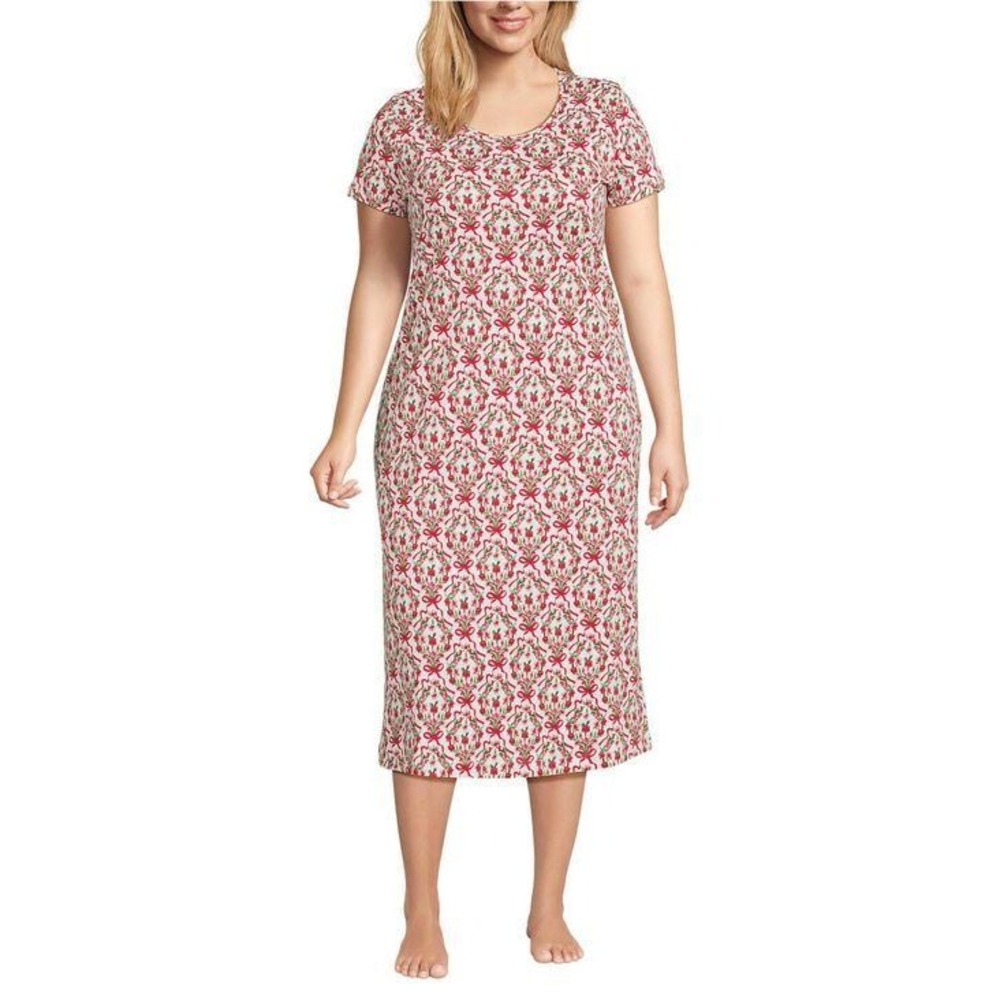 Lands' End Floral Bow Cotton Nightgown Medium White Red Coquette Breathable